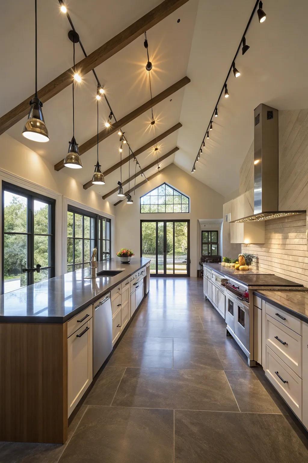 Track lighting adds both style and practical lighting to an open kitchen space.