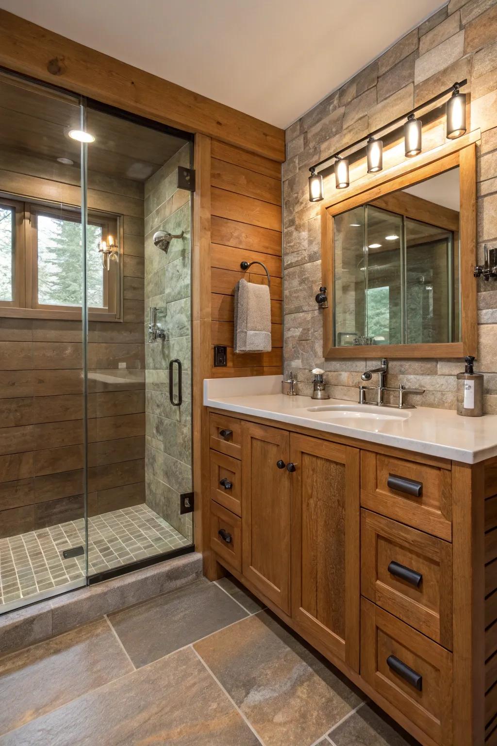 Mixed materials create a rich tapestry of textures in this bathroom.
