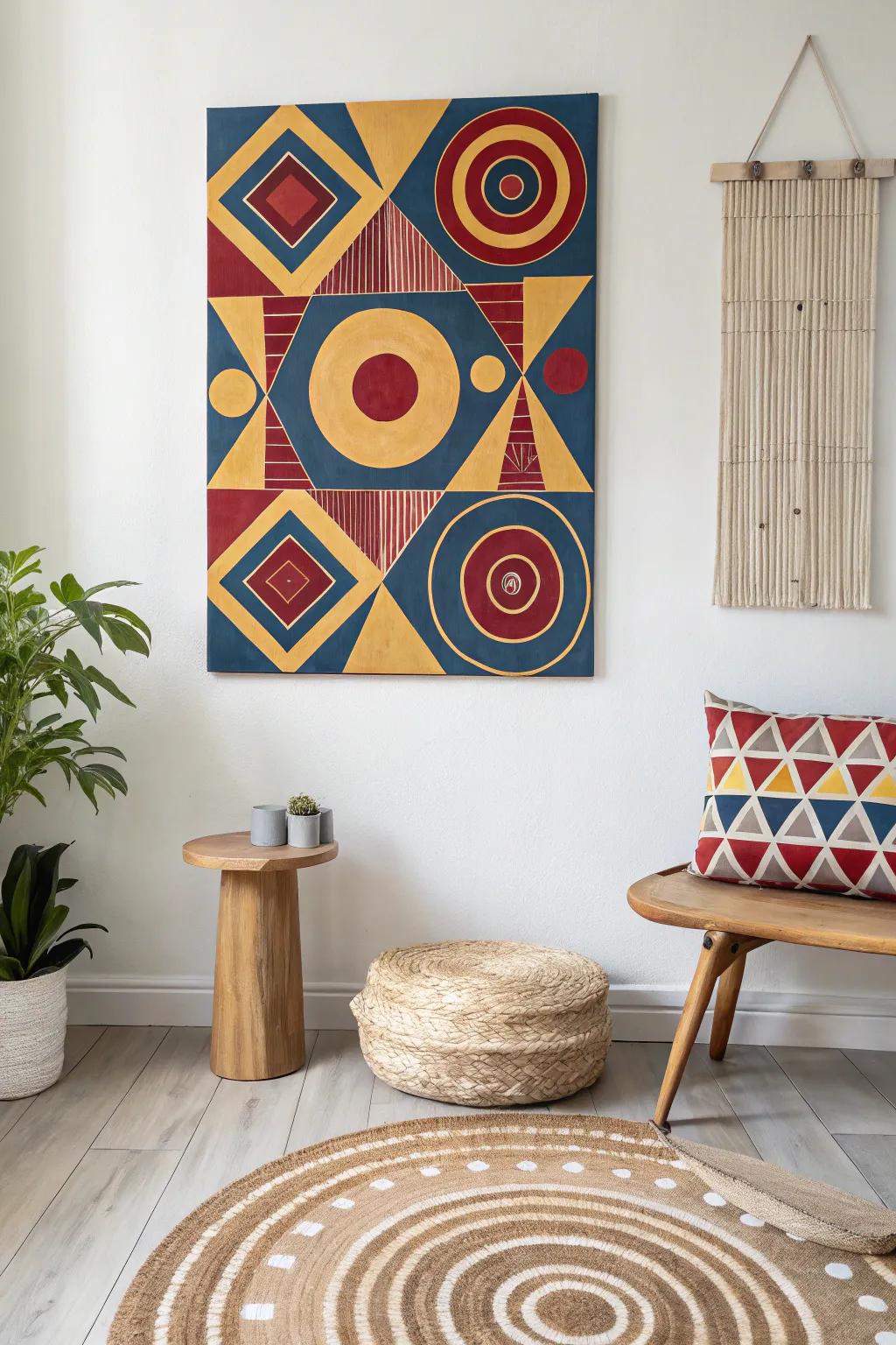 Dive into the mesmerizing world of geometric art with vibrant patterns that dance with color and contrast.