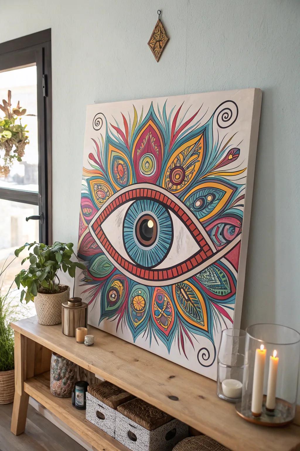 Let your walls 'watch' over your creativity with this mesmerizing eye artwork that blends Scandinavian minimalism with Bohemian flair.
