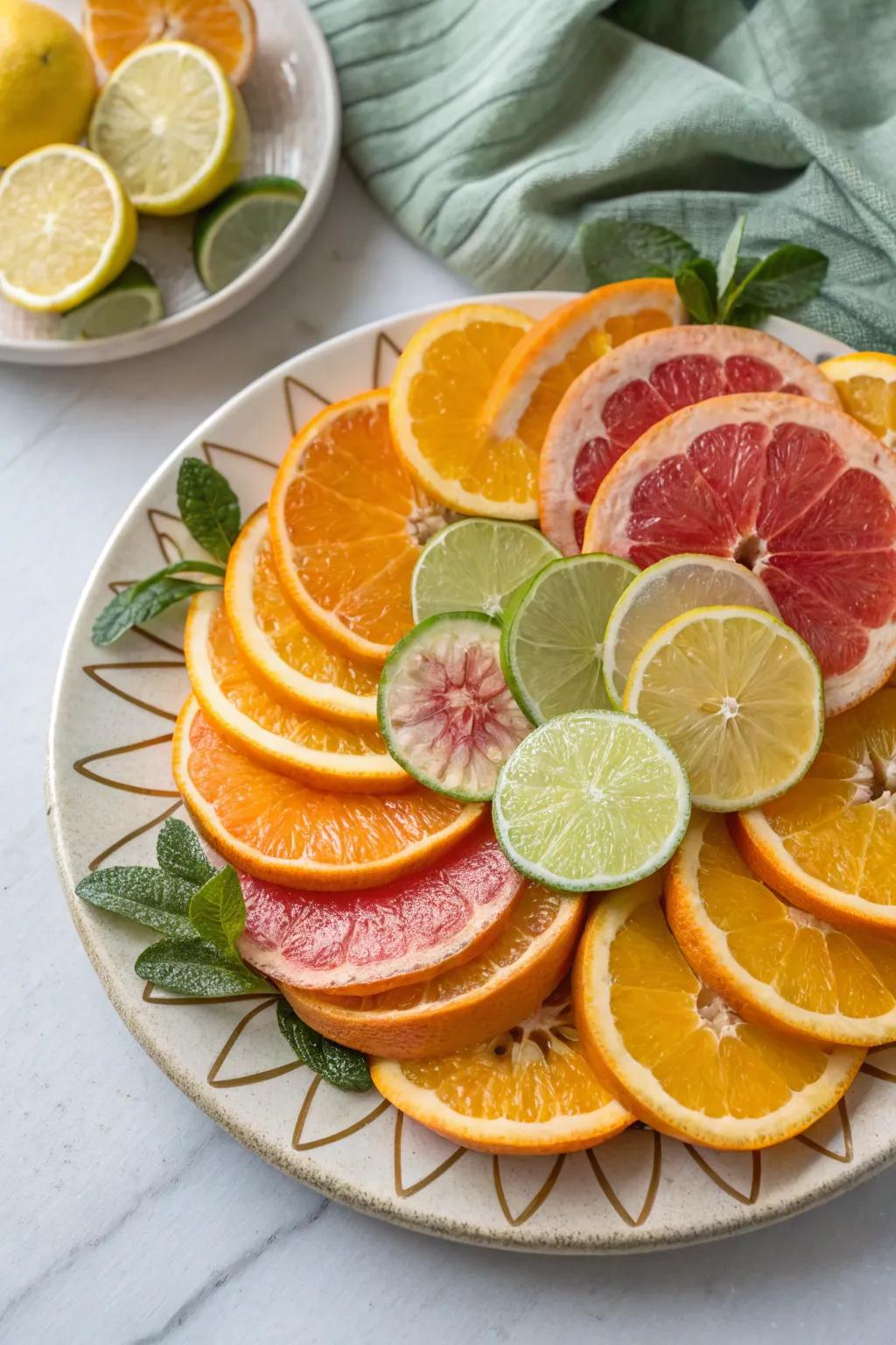Citrus slices arranged like a sunburst bring a bright and fresh look.