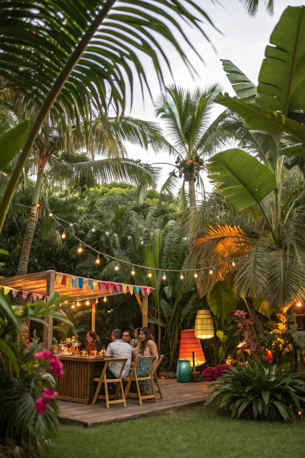Tropical plants and leaves enhancing the party's exotic feel.