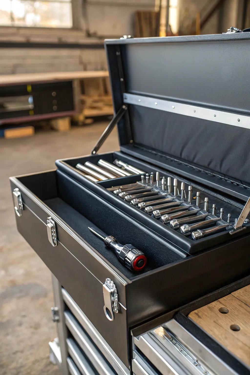 Effortlessly organized: Magnetic strips transform toolbox chaos into perfection.