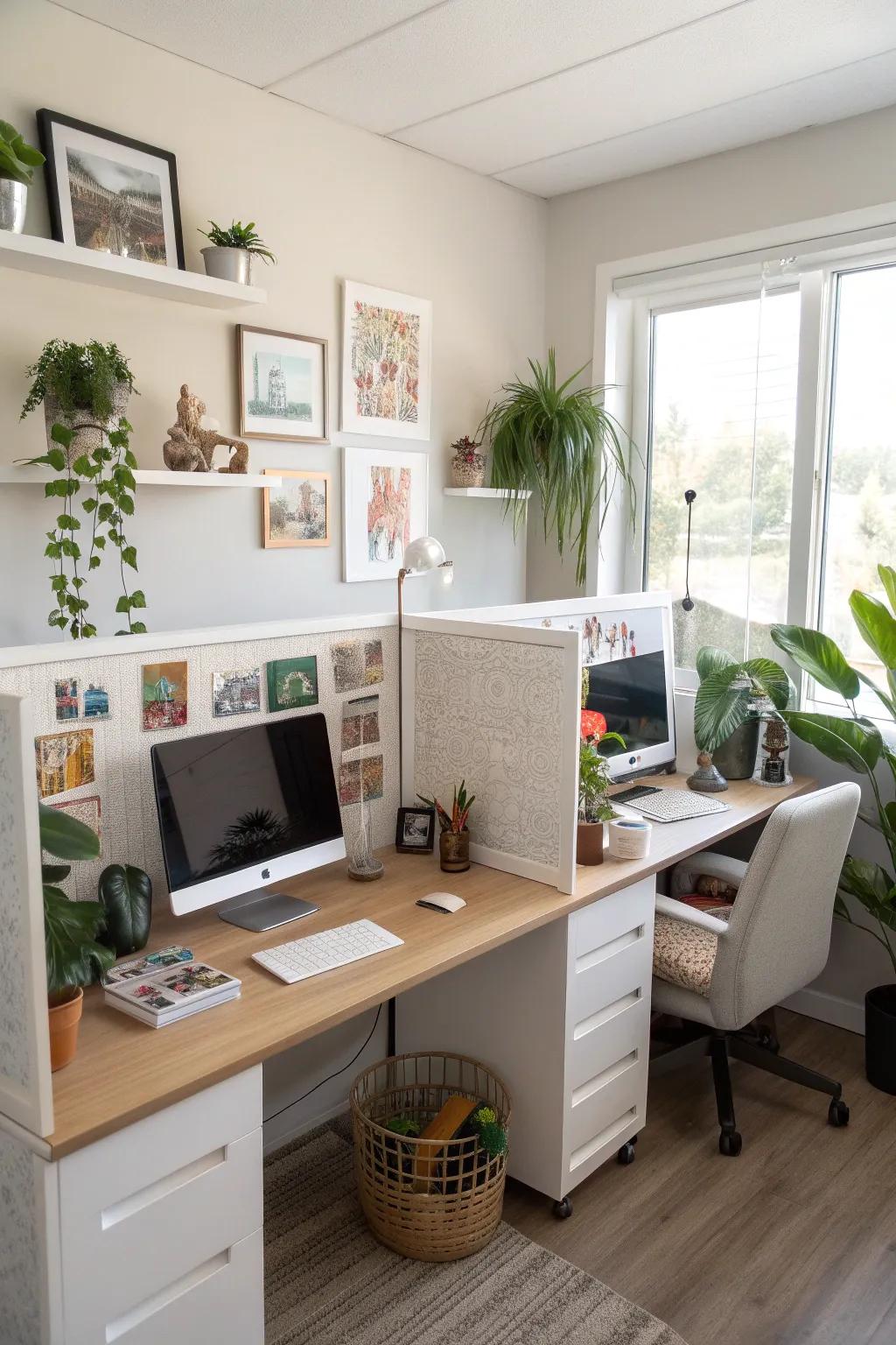A shared desk with dividers for personalized workspaces.