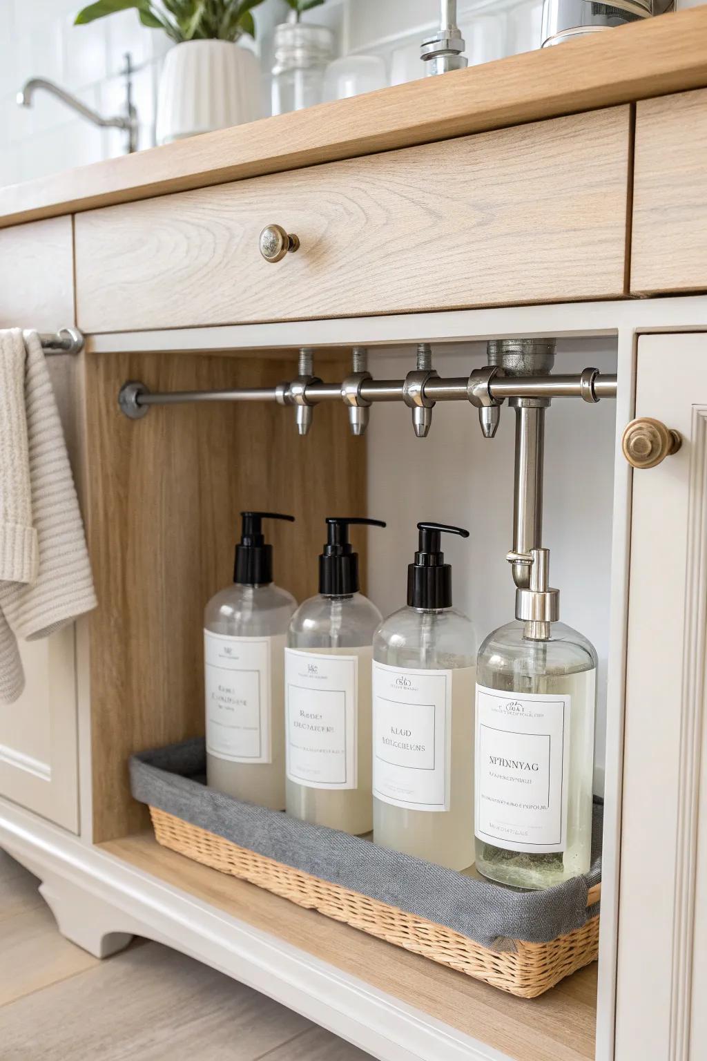 Transform your under-sink space with elegant tension rods for a chic and organized look!
