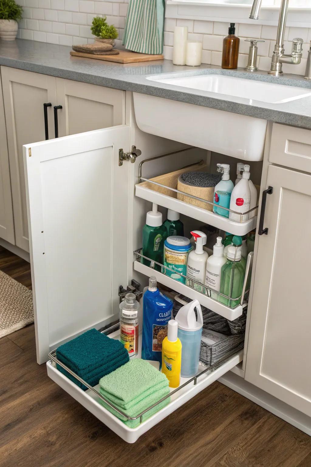 Pull-out shelves provide easy access to items at the back.