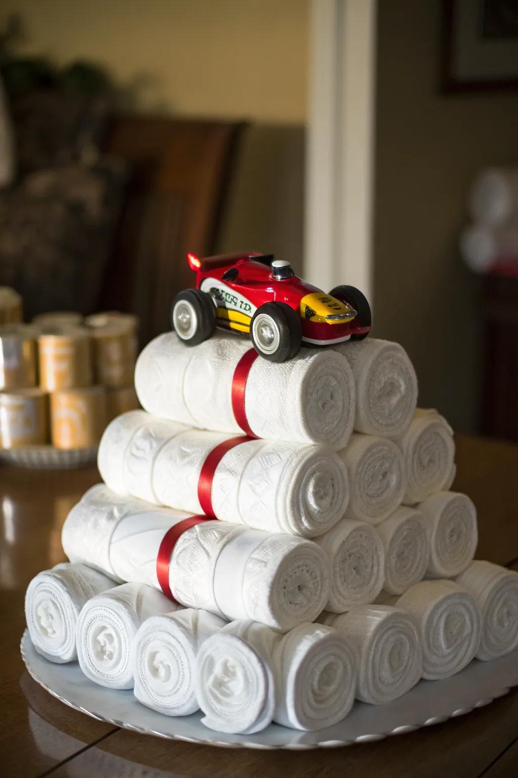 Rev up the nursery with this race car diaper cake—perfect for your future speedster!