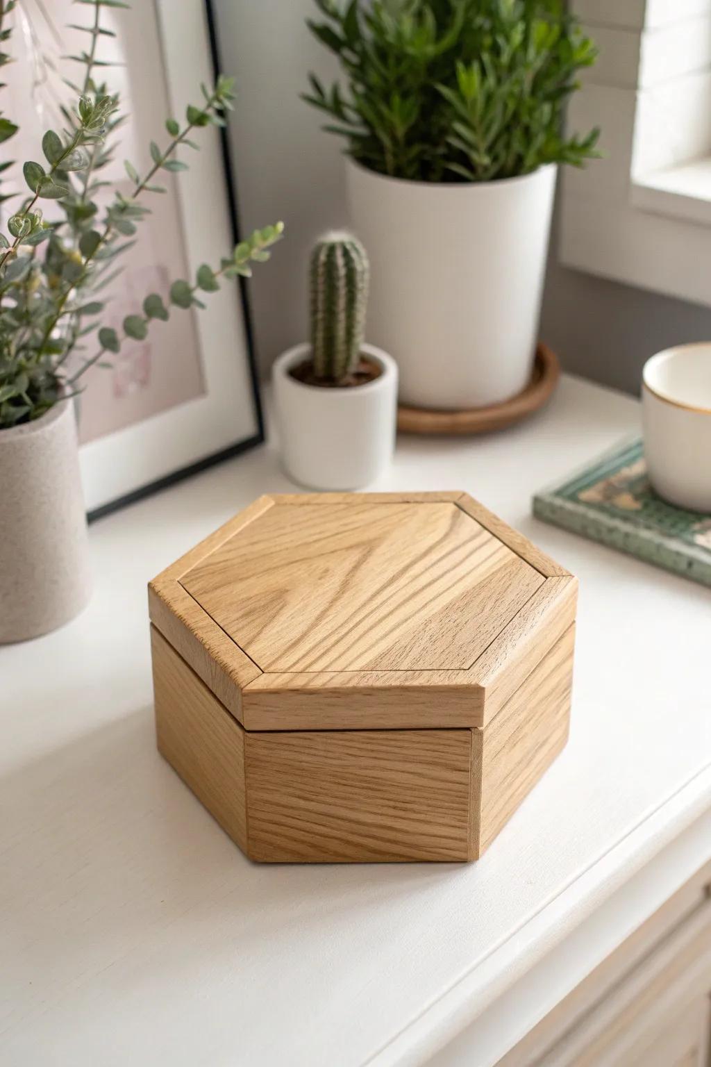 Elevate your space with the charm of a geometric wooden box. Perfect for those who appreciate craftsmanship and simplicity.