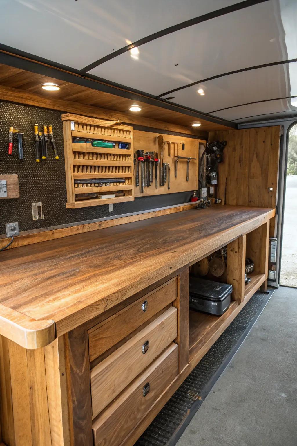 Maximize your trailer's potential with this expertly crafted workbench setup, perfect for on-the-go repairs.