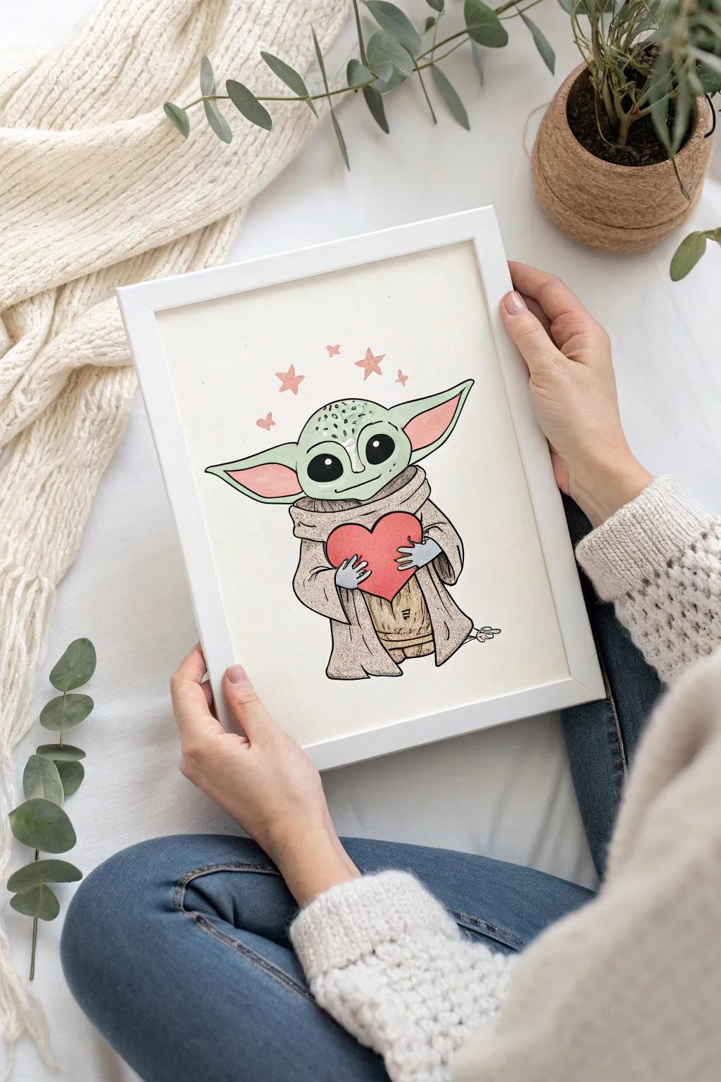 Adorable Baby Yoda holding a heart, a perfect blend of pop culture and minimalist art.
