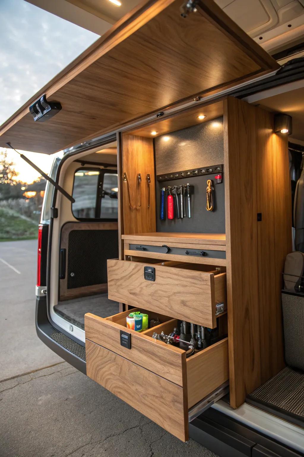Discover the art of hidden storage: Elevate your van conversion with sleek and smart cabinetry solutions.
