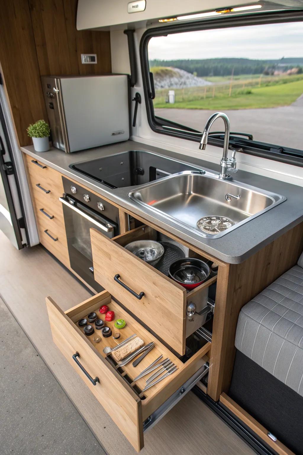 Discover the art of compact living with this pull-out kitchen marvel. Perfect for van life enthusiasts who value style and efficiency.