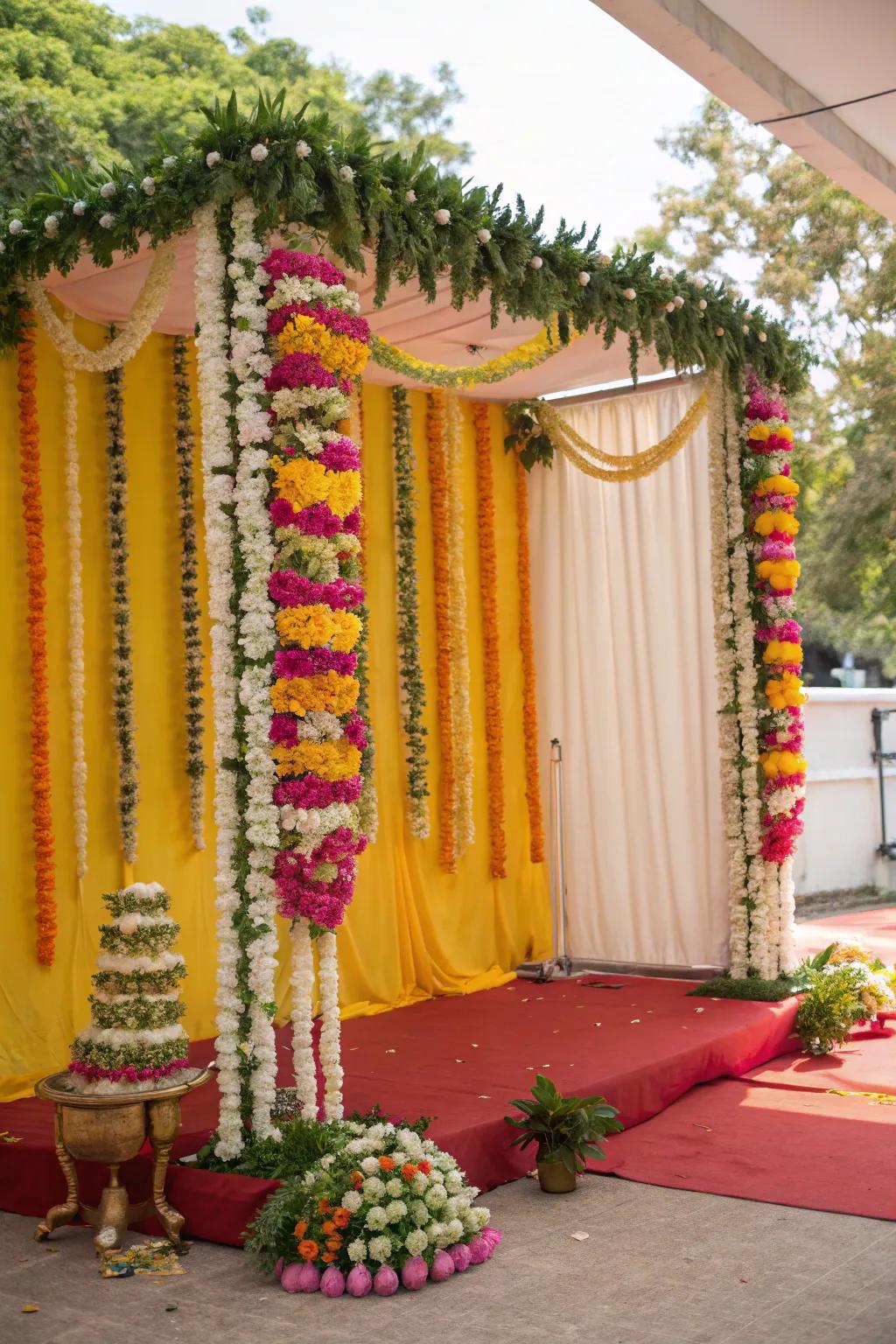 A vibrant fabric backdrop enhancing the Varalakshmi Vratam setting.