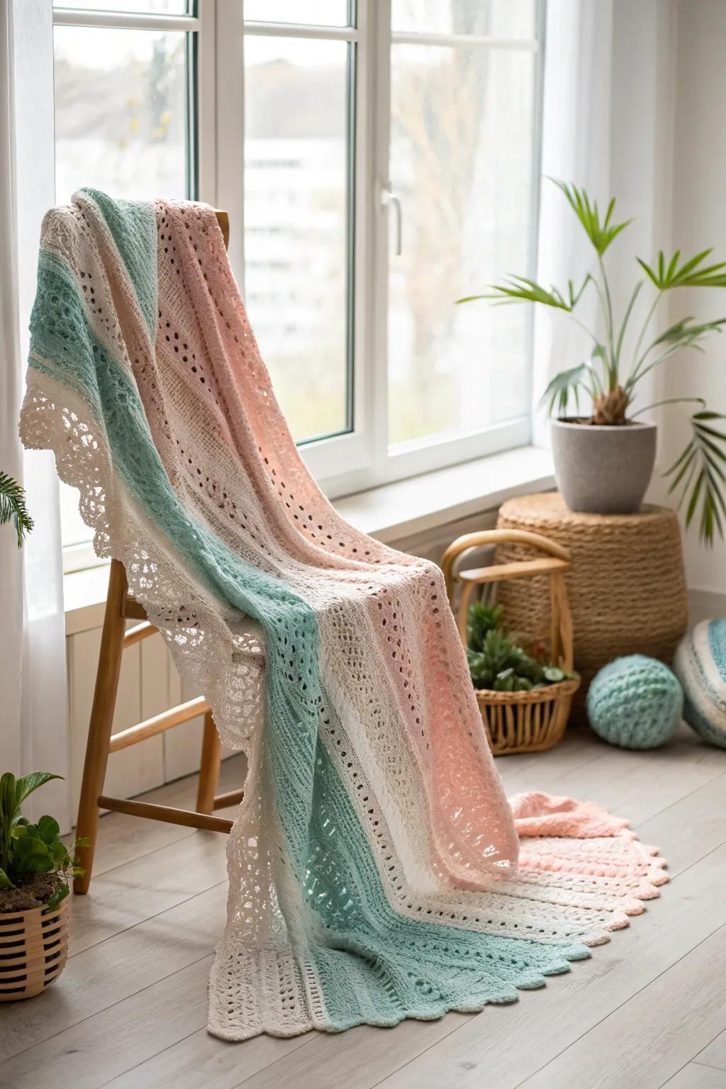 Add a splash of color to your day with this breezy variegated shawl, the perfect blend of elegance and simplicity.