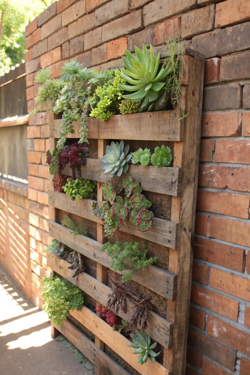 Transform your space with a vertical succulent garden, where rustic charm meets effortless greenery.