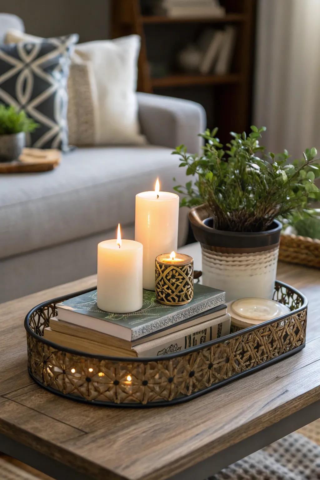 A chic coffee table vignette with a decorative tray.