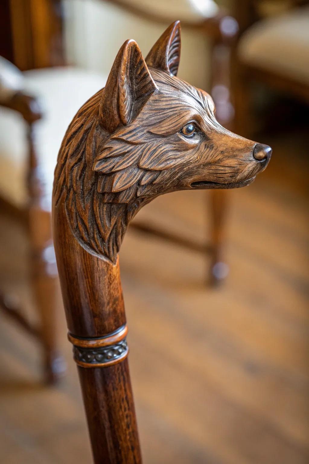 Embrace the wild with this masterfully carved fox walking stick, a true testament to craftsmanship and nature's beauty.