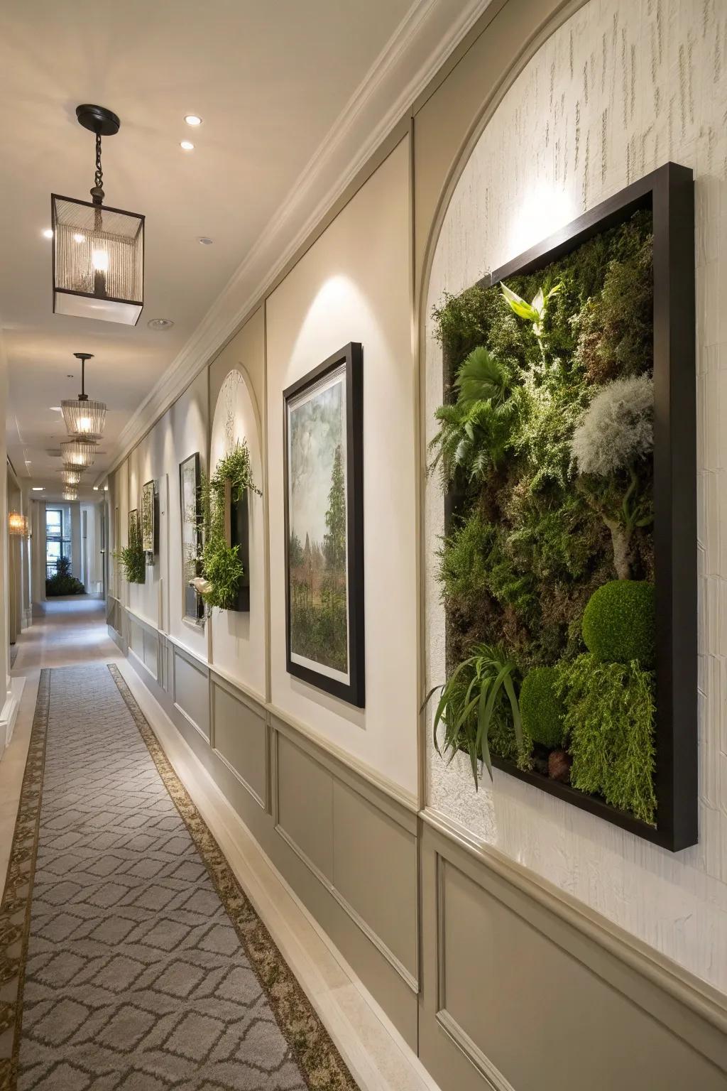 Framed terrariums transforming a hallway into an elegant and natural space.