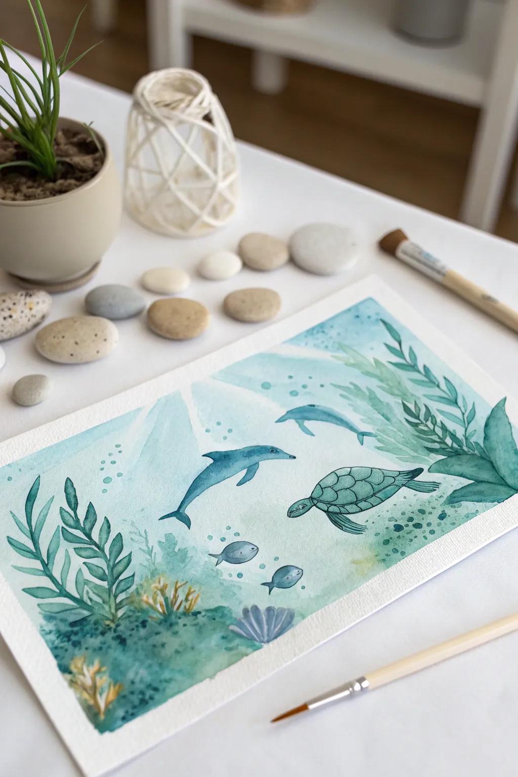 Dive into creativity with ocean-themed watercolor art, where imagination meets simplicity.