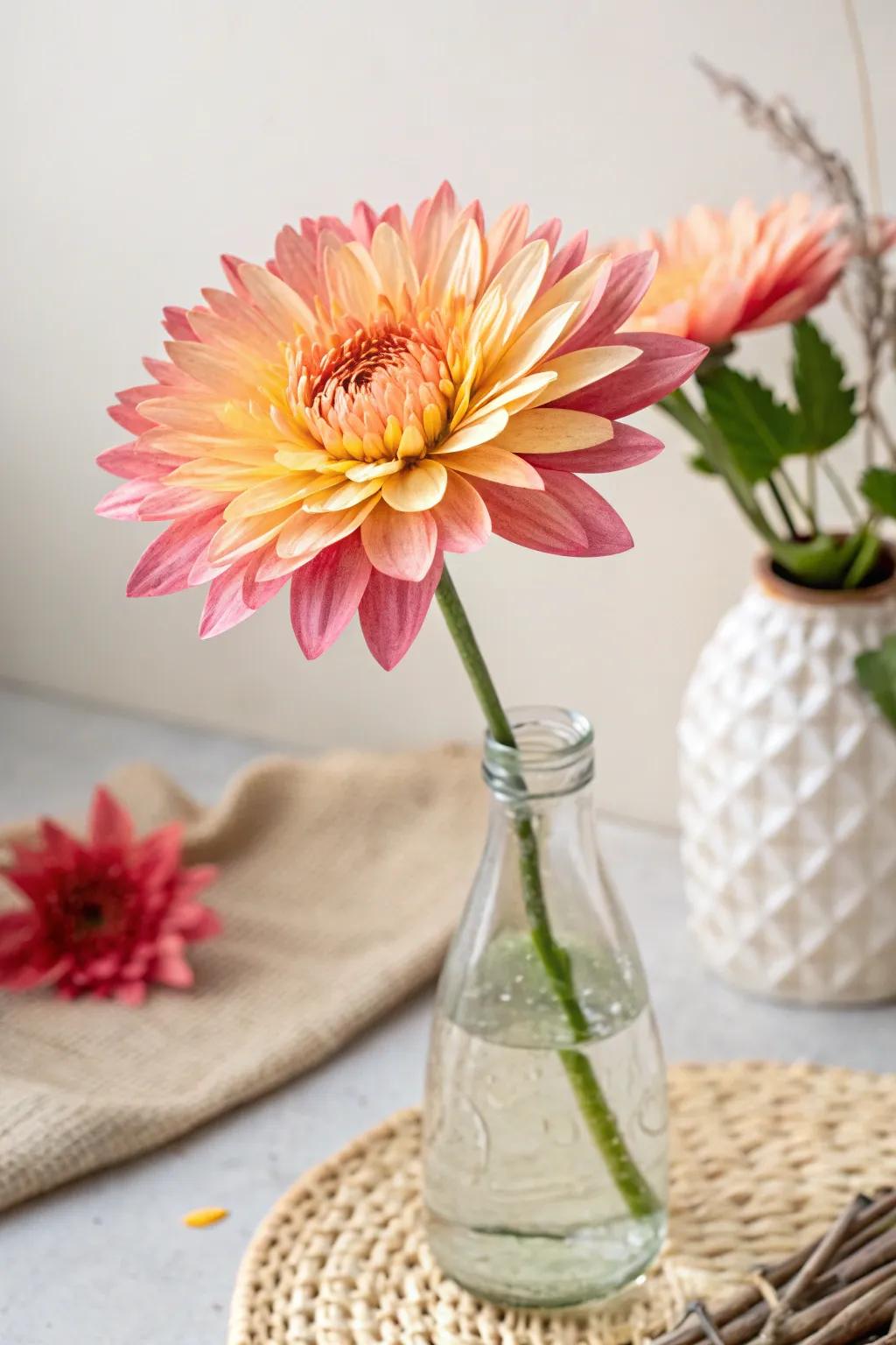 Transforming the ordinary into extraordinary: A water bottle becomes a vibrant floral masterpiece.