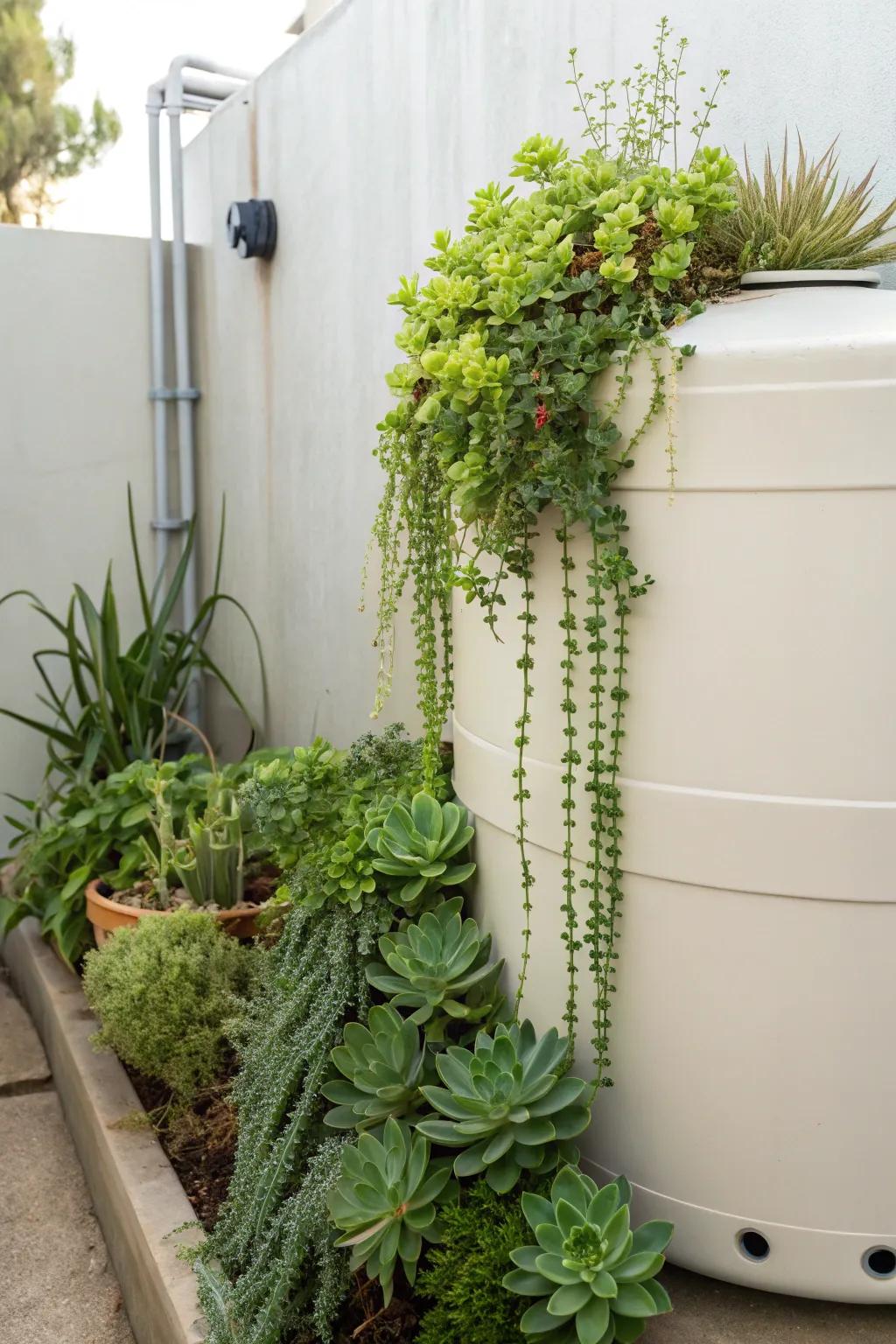 Transform your space with a touch of green elegance: a vertical garden that disguises your water tank with style and sustainability.