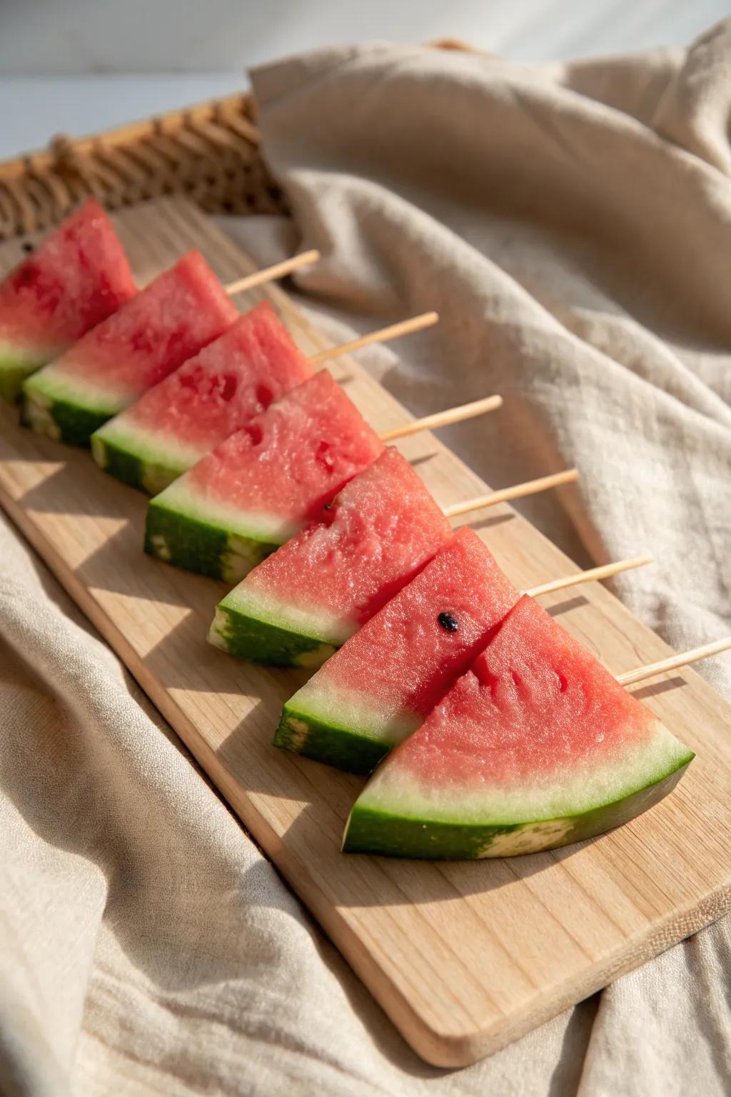 Savor summer with these beautifully crafted watermelon sticks, perfect for a stylish and refreshing snack.