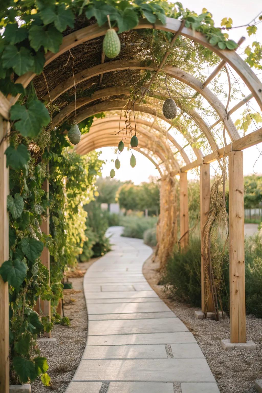 Step into a garden dream with this stunning arched trellis, where melons sway gently in the breeze.