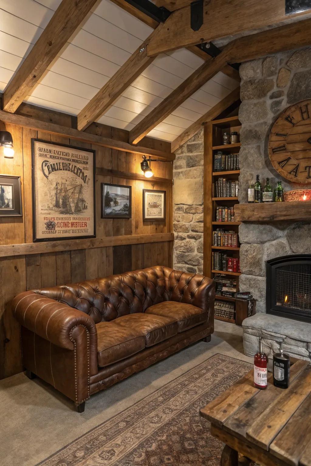 Leather furniture provides a rugged and comfortable atmosphere.