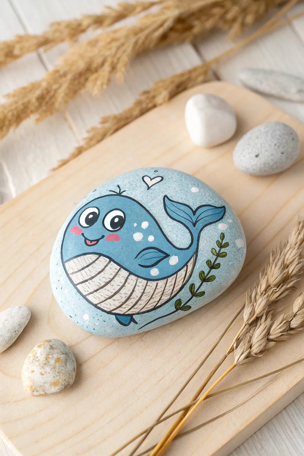 Add a splash of fun with this charming cartoon whale rock painting—perfect for brightening any space with its playful vibes!