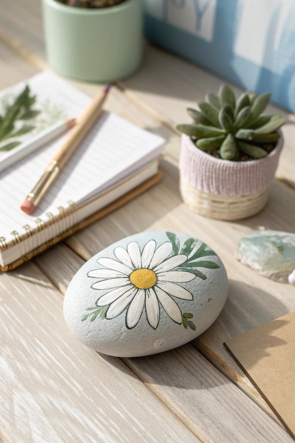 Add a touch of nature to your desk with this charming daisy-painted rock paperweight.