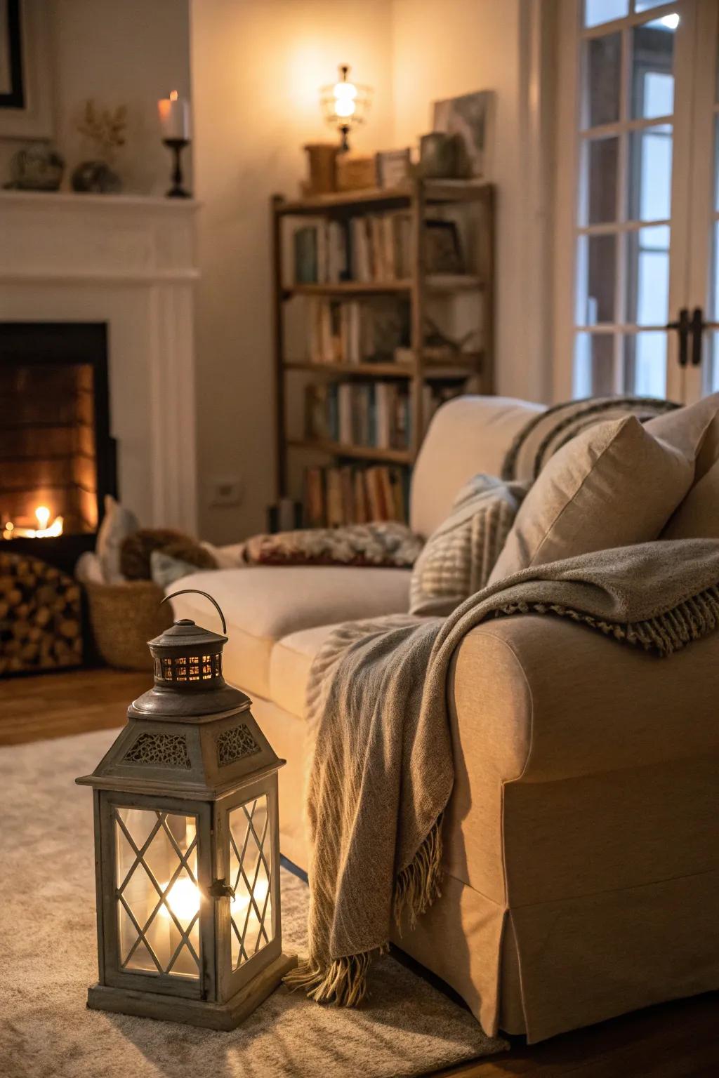 Create a reading nook with lanterns providing a soft glow beside your sofa.