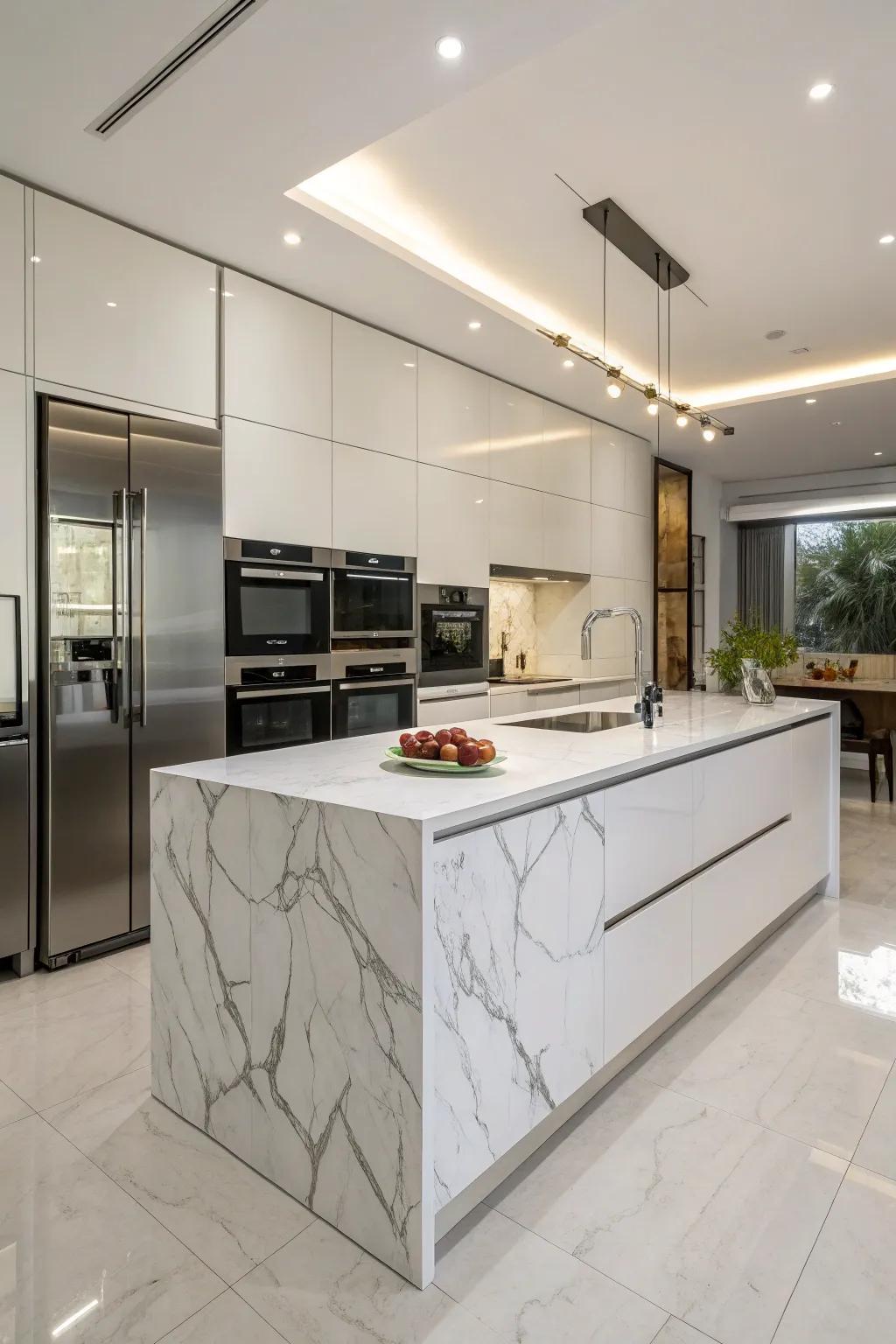 A white marble island serves as the luxurious centerpiece of this modern kitchen.