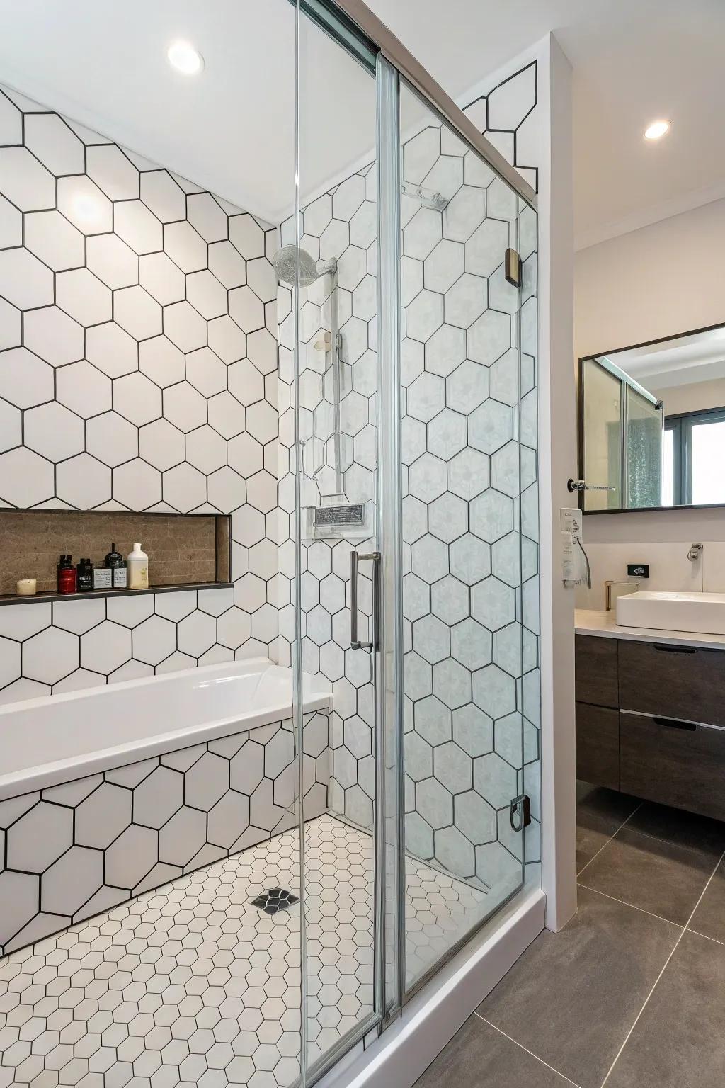 Hexagon tiles create a stunning feature wall in a white shower.