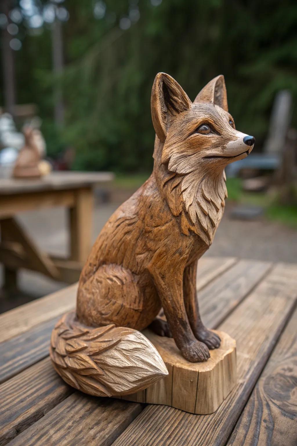 Bring the wild indoors with this masterfully carved wooden fox, a testament to the beauty of craftsmanship.