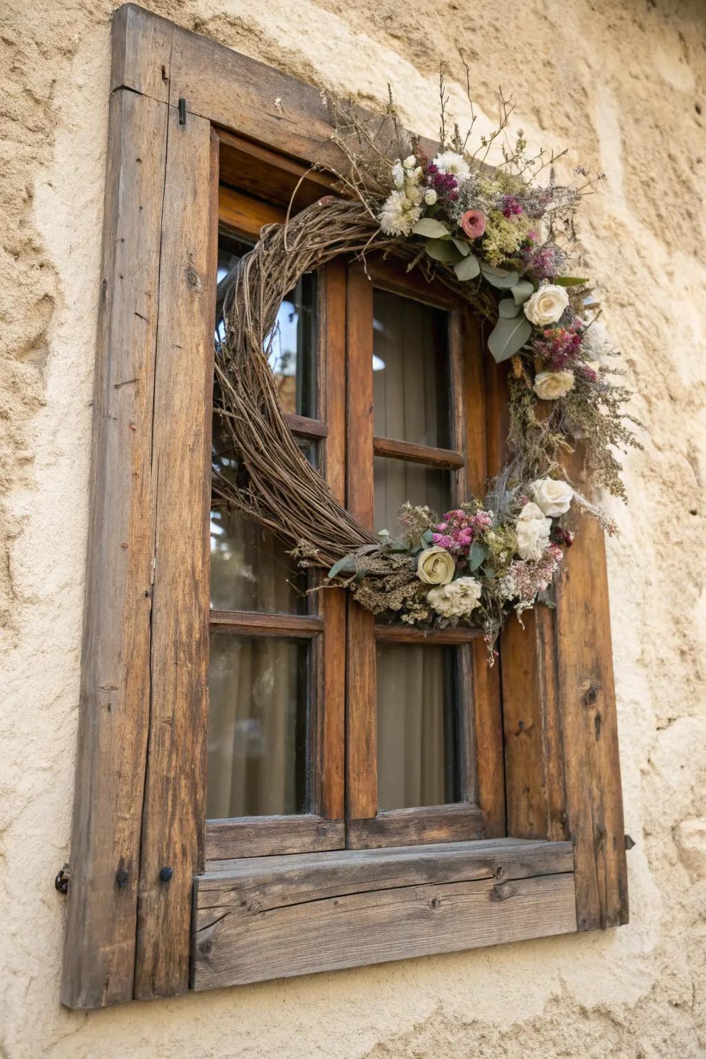 Elevate your space with rustic charm: a handcrafted window frame adorned with a delicate wreath.