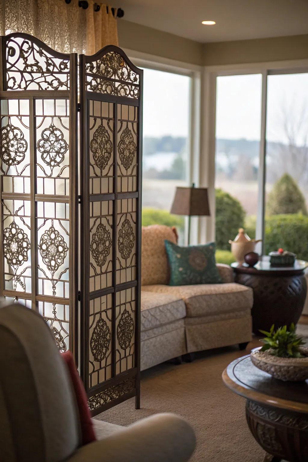 A decorative privacy screen adds elegance to a window while allowing light to filter through.