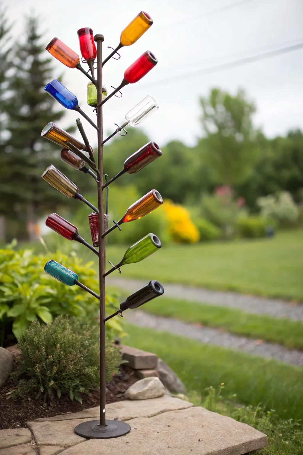 Transform your garden with a touch of bohemian elegance using colorful bottle trees!