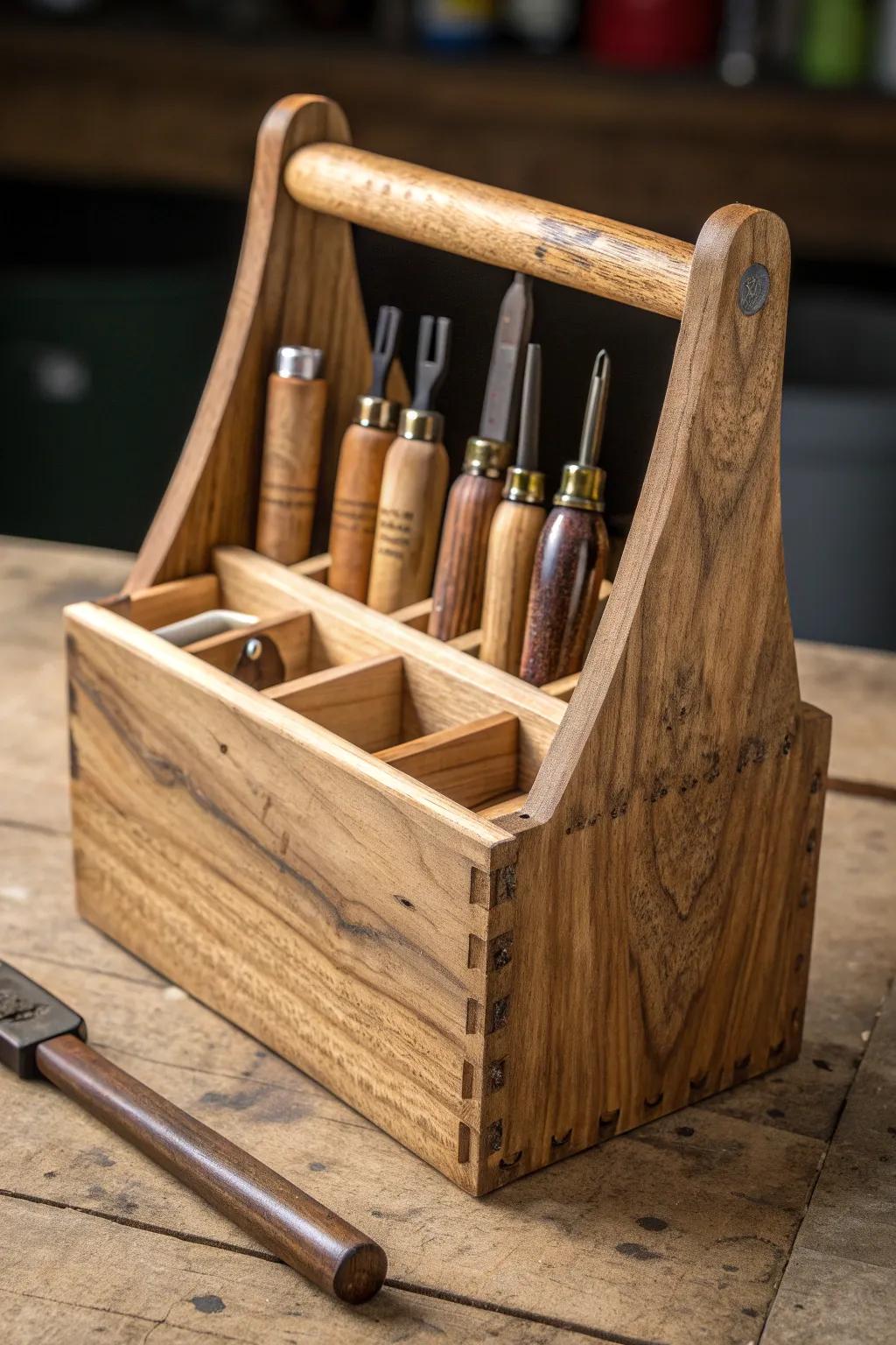 Elevate your workspace with a handcrafted wooden tool caddy, where rustic charm meets functional design.