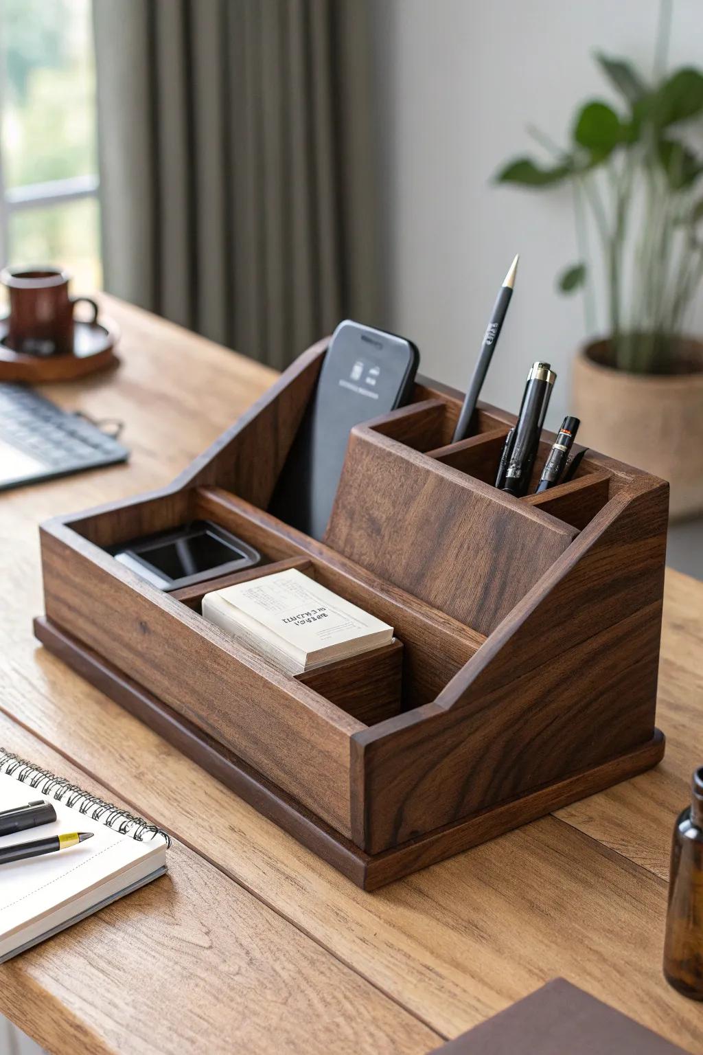 Elevate your workspace with this handcrafted wooden desk organizer, blending functionality with natural elegance.