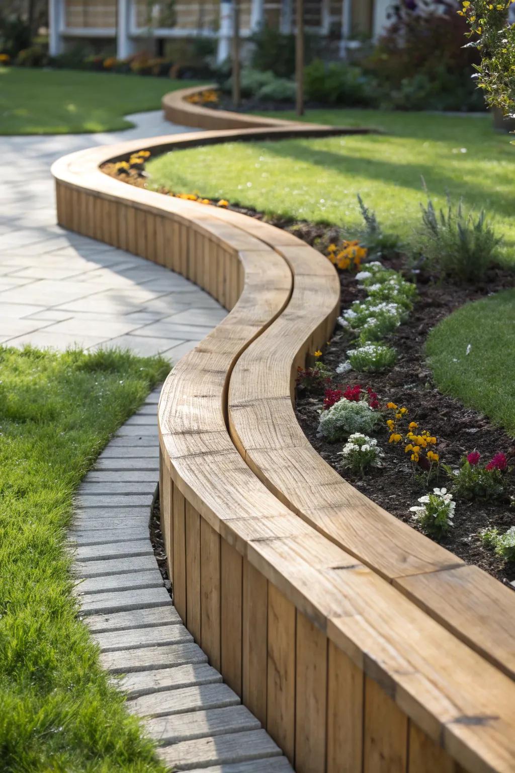 Embrace the elegance of curves with handcrafted wooden garden edging.