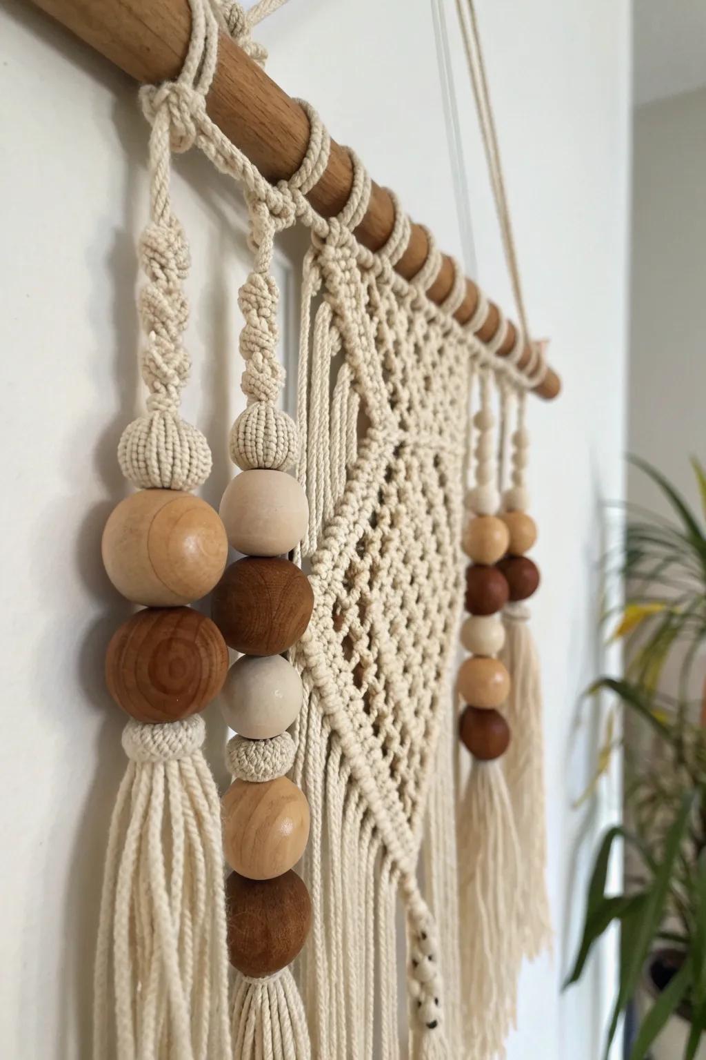 Add a touch of natural elegance to your home with handcrafted wooden bead and macramé wall art.