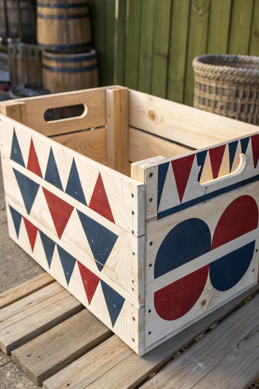 Transform your space with bold geometric designs on handcrafted wooden crates.