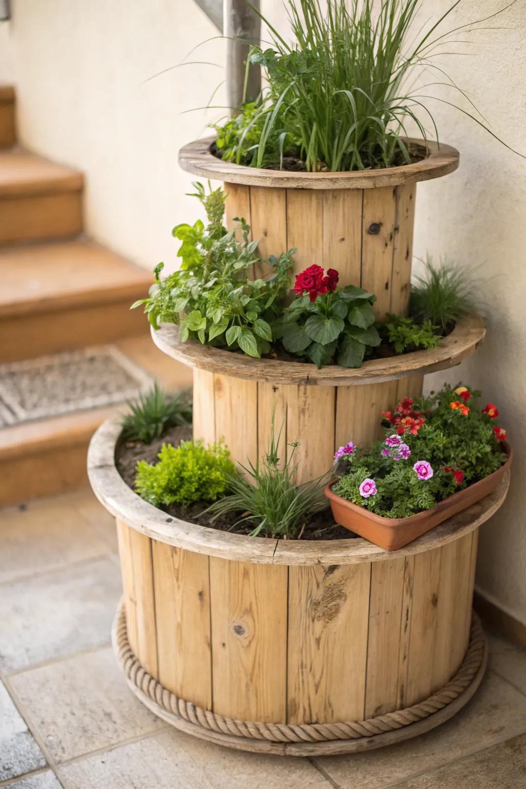 Elevate your garden with this stunning wooden spool planter, where simplicity meets nature's artistry.