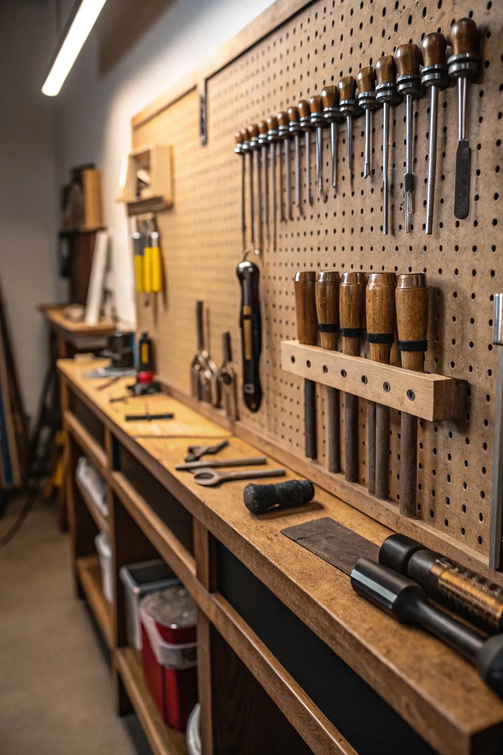 Transform your workspace with a pegboard wall: the ultimate blend of organization and craftsmanship.