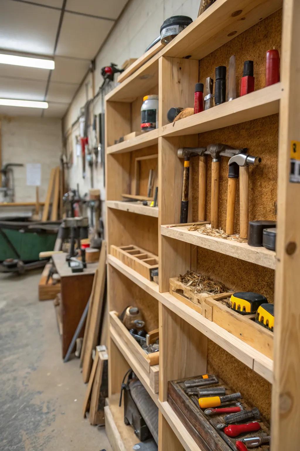 Custom shelving maximizes vertical space for efficient storage.