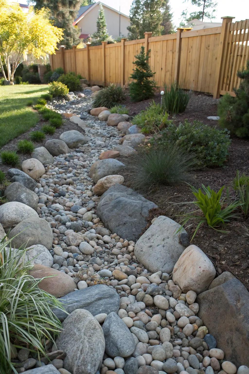 Enhance your garden with a beautifully crafted dry creek bed for natural water drainage.
