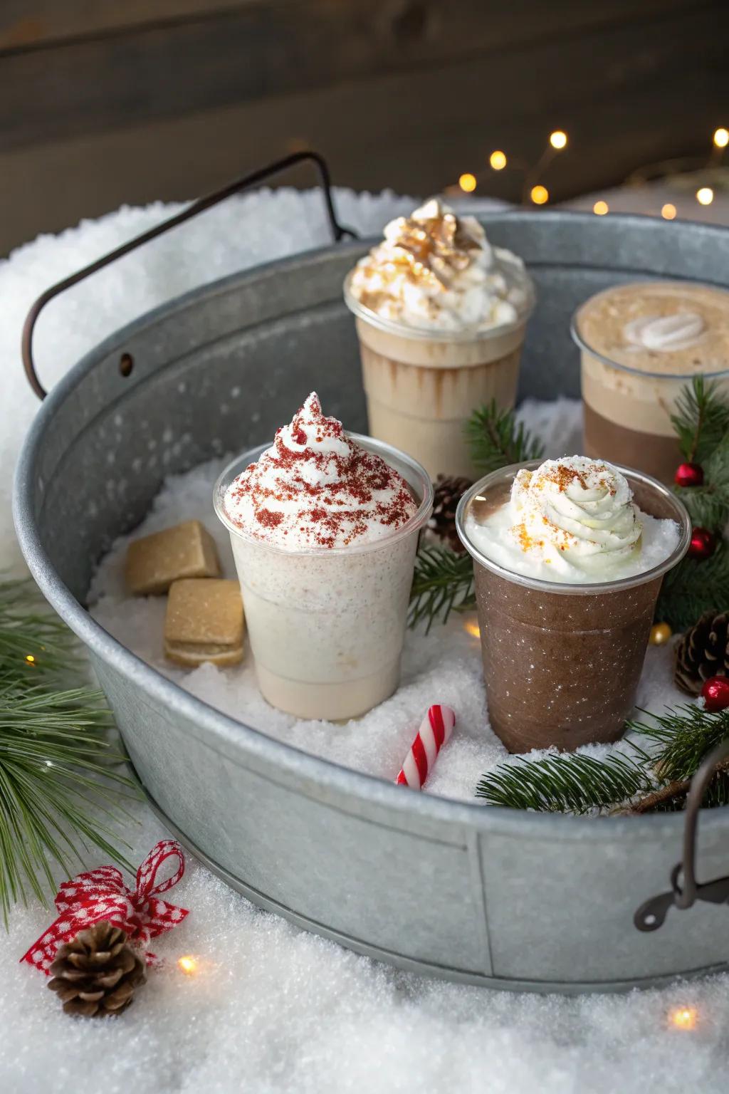 A winter wonderland setup with snow accents around a beverage tub.