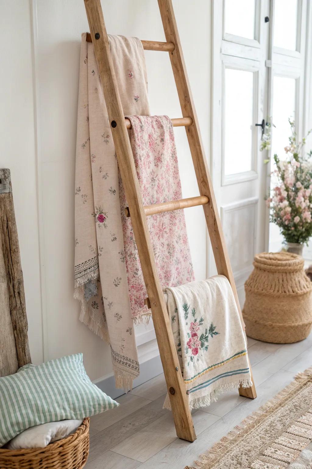 Bring the countryside indoors with this cottage core blanket ladder, where simplicity meets floral beauty.