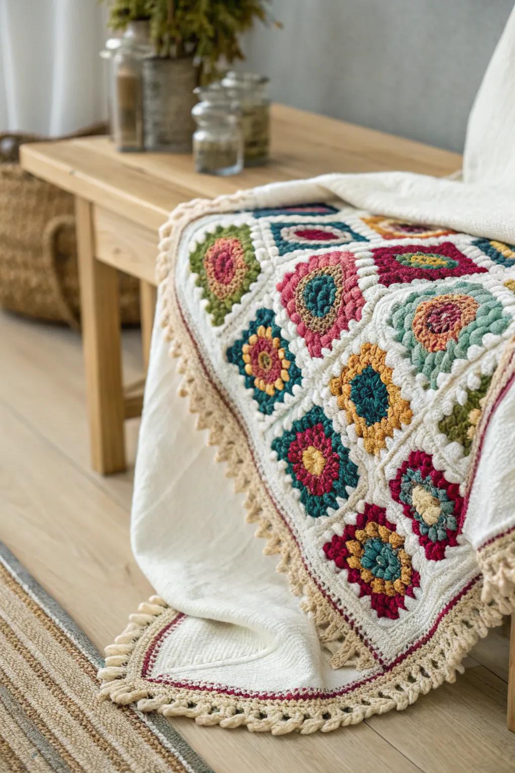 Celebrate the beauty of chaos with this eclectic crochet border, where craftsmanship meets creativity in every stitch.