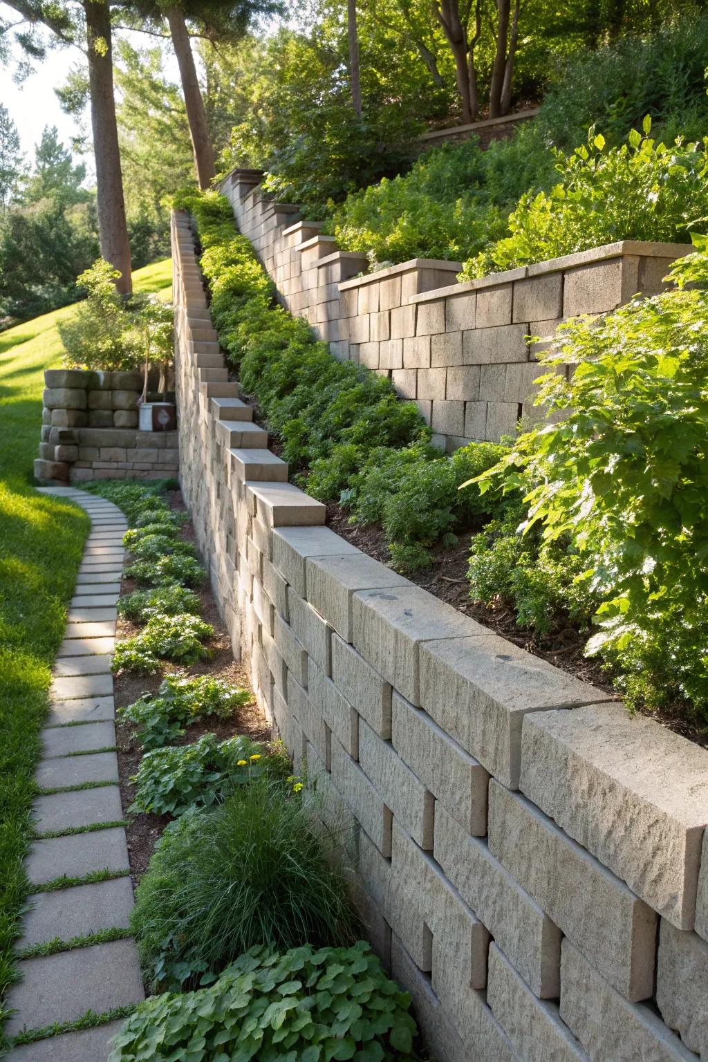 Elevate your garden's design with a uniquely crafted cinder block retaining wall.